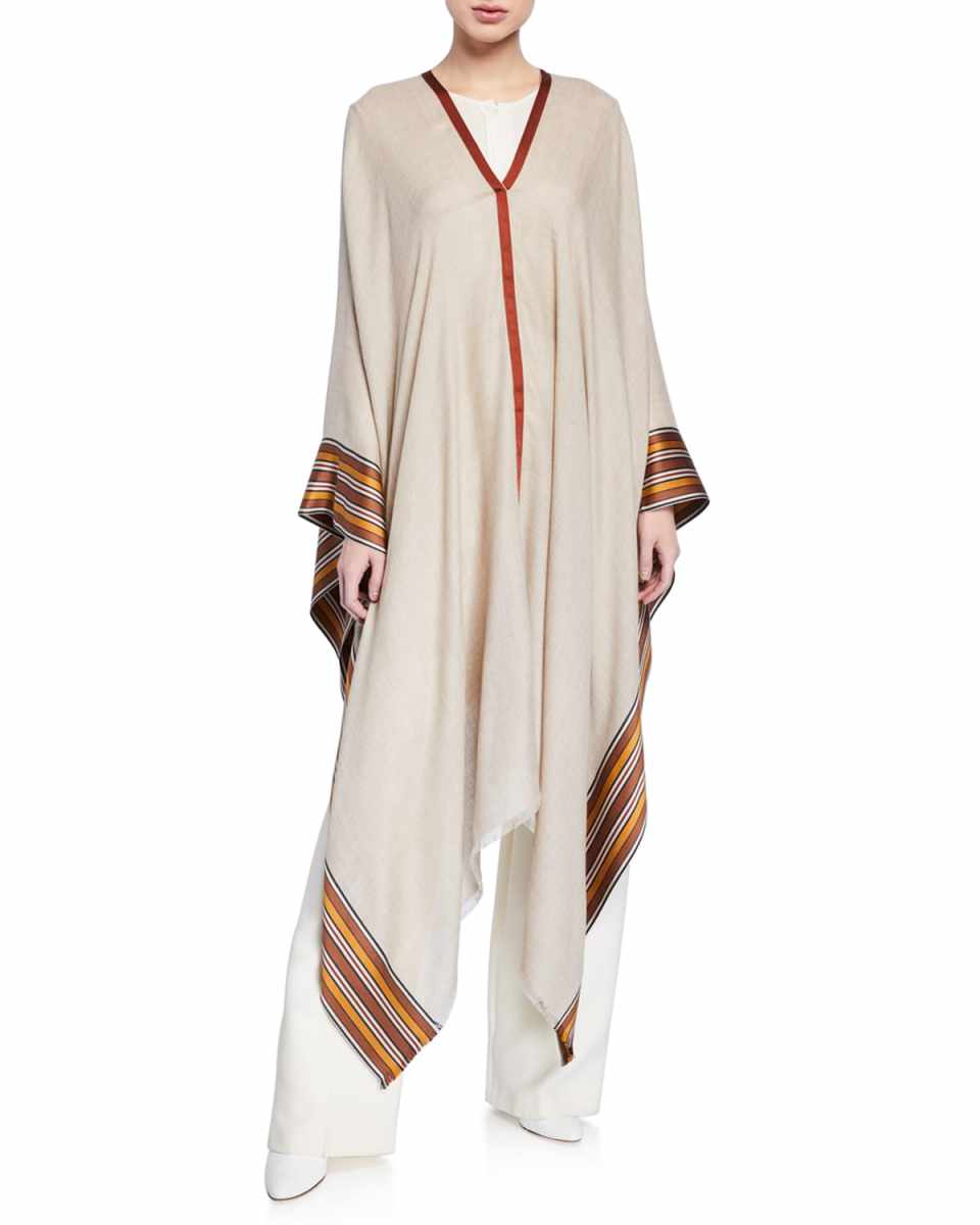 V-Neck Poncho w/ Multi-Stripe Hem